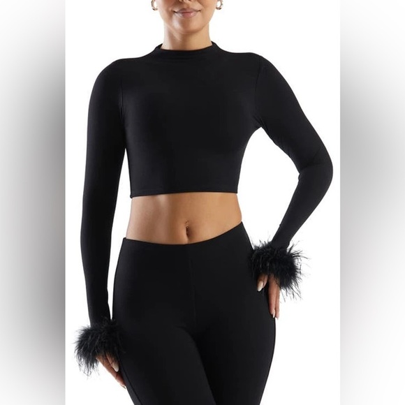 Naked Wardrobe Fly as a Feather Long Sleeve Crop Top Black - Picture 1 of 3